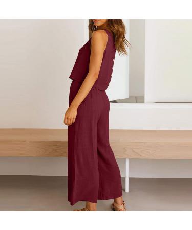Women's Linen Two Piece Set - Crop Tank Top & Wide Leg Pants - Watermelon Red - Size Medium - Buy Online on GoSupps.com