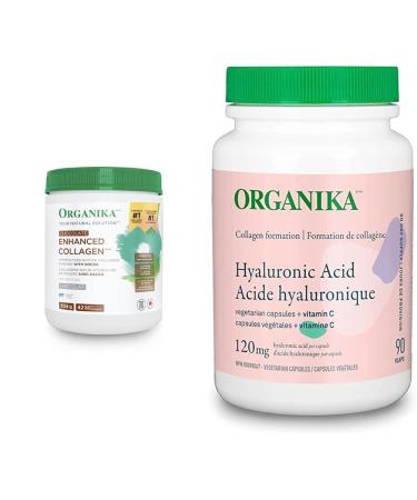 Organika Chocolate Enhanced Collagen - Grass-Fed Collagen with Real Cocoa Sugar-Free Healthy Hair Skin Nails Joints - 504g & Hyaluronic Acid With Vitamin C 90 Vcaps Collagen + Hyaluronic Acid With Vitamin C Chocolate 504 g (Pack of 1)