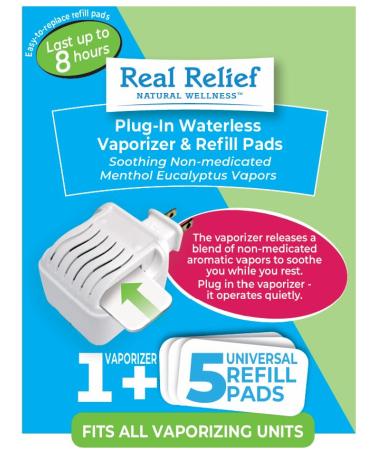 AromaHouse Real Relief Plug-in WATERLESS Aromatherapy Vaporizer + 5 Soothing Non-Medicated Menthol Eucalyptus Vapor Refills 1 ct