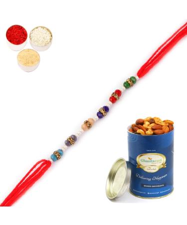 Ghasitaram Gifts Rakhi for Brother Rakhis Online - 6958 Fancy Thread Rakhi with 100 GMS of Dryfruits Mix Can Rakhi Set with 100 gms of Dryfruits Mix Can
