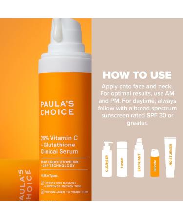 Paula's Choice 25% Vitamin C + Glutathione Clinical Serum - Anti-Aging Vitamin C Serum Visibly Brightens Skin Reduces Sun Damage & Improves Discolouration - with Glutathione - All Skin Types - 30 ml - Buy Online on GoSupps.com