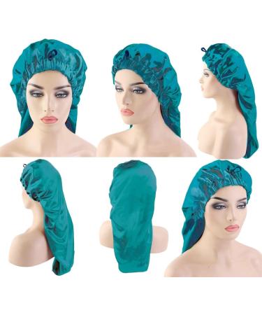 Ladaypoa 2-Piece Long Satin Hair Hood - Silk Sleeping Cap for Long Curly Hair Protection | Extra Big Satin Hat for Women - Black & Peacock Blue - Buy Online on GoSupps.com