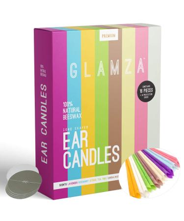 Organic Hopi Ear Candles for Blocked Ears - All Natural Ear Wax Remover - GLAMZA 100% Natural Beeswax Candle - 16 pcs (8 Pairs) with 8 Protective Disc Cones for Safe & Effective Ear Candling