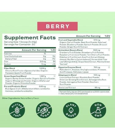 Bloom Nutrition Super Greens Powder Smoothie & Juice Mix - Probiotics for Digestive Gut Health & Bloating Relief for Women Digestive Enzymes with Superfoods Spirulina & Chlorella (Berry) - Buy Online on GoSupps.com