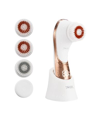 Facial Cleansing Brush, Electric Face Brush Scrubber Rechargeable Facial Exfoliator IPX-7 Waterproof Spin Cleanser Rotating Spa Machine for Exfoliating, Massaging and Deep Cleansing with 4 Brush Heads White & rose gold