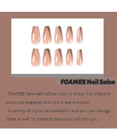 FOAMEE Medium Nude Coffin Fake Nails with Sequins Designs - Acrylic Glossy False Nails for Women - Buy Online on GoSupps.com