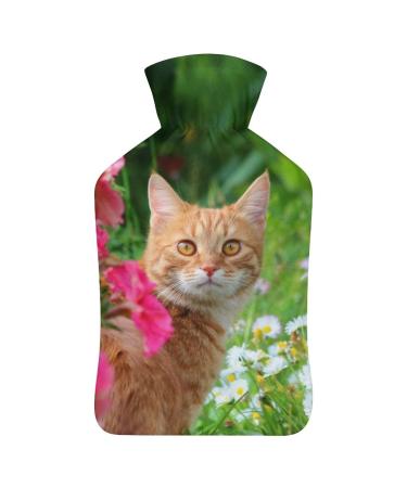 Cat and Flower Hot Water Bottle with Cover Plush Bed Bottle Hand Warmer for Adults and Children 26.5X15.3cm