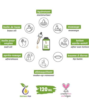 Jojoba Oil 120ml - 100% Native Cold Pressed Vegan - Anti-aging and Anti-Wrinkle Face Serum Body Hair Skin Hands & Nails - Jojoba Oil - Buy Online on GoSupps.com
