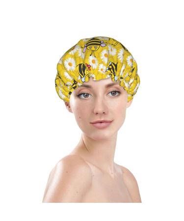 Cute Bee and Flowers Pattern Shower Cap for Women - Reusable Long Hair Cap with Elastic Band - Double Layer Bathing Hat for Adults and Kids - Buy Online on GoSupps.com