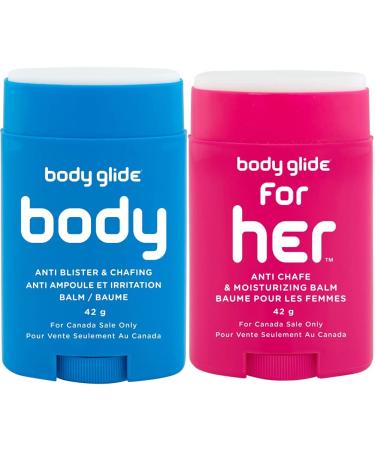 Body Glide Original Anti Chafe Balm Stick (for Canadian Sale Only) 42g & Body Glide for Her Moisturizing Anti Chafe Balm Stick (for Canadian Sale Only) 42g Magenta 42g Balm Stick + Balm Stick