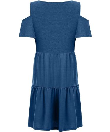 Women's Summer Floral Cold Shoulder T-Shirt Dress with Pocket - Blue Medium - Buy Online on GoSupps.com