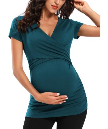 Love2Mi Maternity Nursing Shirt - Short Sleeve V-Neck Breastfeeding T-Shirt - Peacock - Size M - Buy Online on GoSupps.com