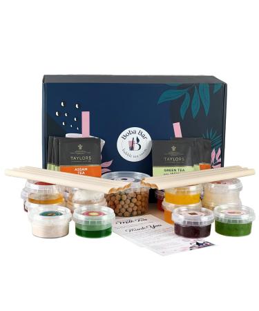 Boba Bar Creamy Twist - Mixed Bubble Tea Kit | 8 Mixed Tea Flavours 8 Popping Boba & Jelly Toppings Tapioca Pearl Bubble Tea (Serves 8) | Green Tea & Assam Tea Bags from Boba Bar London.