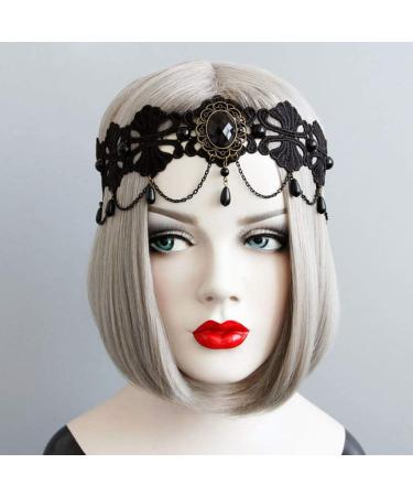 Lurrose Gothic Lolita Black Pearl Lace Forehead Chain Headband for Halloween - Buy Online on GoSupps.com