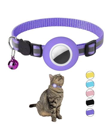 Hepplly Reflecting Airtag Cat neck band with bell and Airtag holder compatible with the Airtag cat collar with fragile safety buckle for kitten cat (purple)