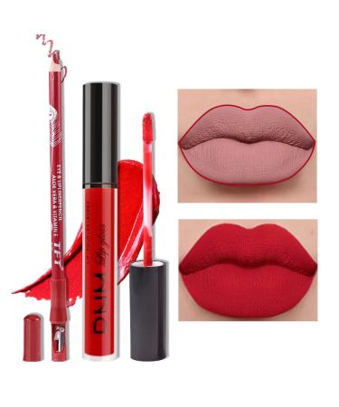2Pcs Matte Ruby Red Lip Liner and Lipstick Makeup Set, DNM Matte Liquid Lipstick 24H and with Lip Liner Set Kit Waterproof Long Lasting labiales mate 24 horas originales matte larga duracion 24 13+07 2 Count (Pack of 1) Set02