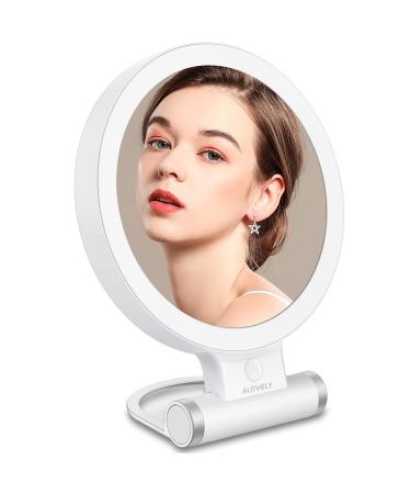 Alovely Magnifying Mirror with Light  Lighted Makeup Mirror with 1X/10X Magnification Portable LED Travel Mirror with 3 Color Lighting Brightness Dimmable Round Mirror for Bathroom Vanity & Travel White