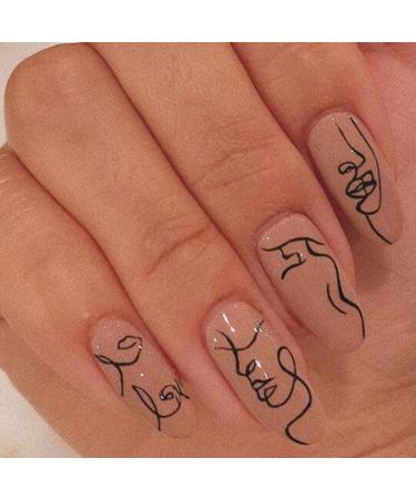 Brishow almond nails to stick on short artificial nails line art press on nails ballerina acrylic wrong nails 24 pieces for women and girls