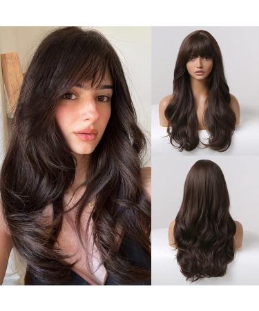 HAIRCUBE Long Wavy Wigs for Women Long Brown Curly Synthetic Wig with Fringe for Daily Brown S