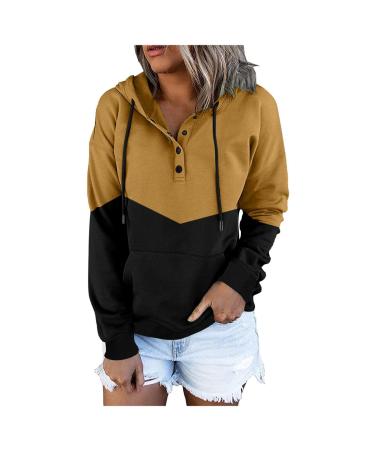 Hoodies for Women Pullover Print Button V Neck Oversized Pockets Hooded Jacket Long Sleeve Sweatshirt Fall Drop Shoulder with E6-yellow X-Large