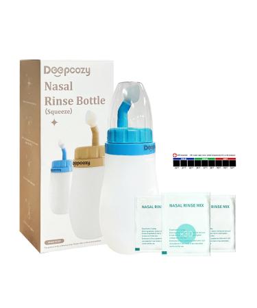 Soft Tip Neti Pot Squeeze Bottle Nasal Wash Bottle Neti Pot Sinus Rinse Pressure Irrigation with Thermometer Sticker for Adult & Kid 300ml with 30 Nasal Wash Saline Packets (Blue)