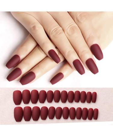 Beaupretty Wine Red Coffin Nails Full Cover Matte False Nails French Acrylic Press On Nails for Women 24pcs - Buy Online on GoSupps.com