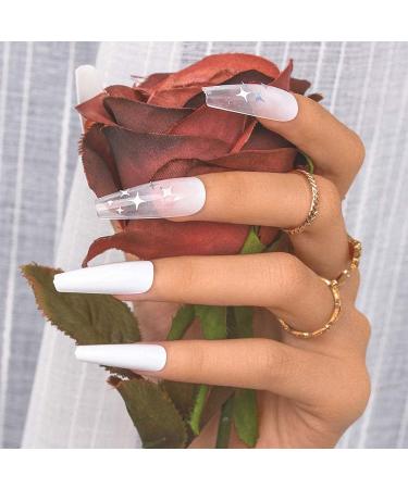 Bohen long coffin false fingernails white star ballerina wrong nails granted glossy nails tap 24st acrylic art press on nail tips for women and girls
