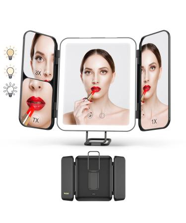 WEILY Portable Travel Makeup Mirror with Lights  1X 3X 7X Magnification  Touch Control Three Colors Dimmable Trifold Makeup Mirror (Black)