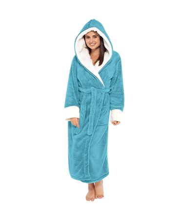 Poppek Silk Night shirts Color -matching plush insulation with hat and belt long nightgown morning mantle fleece ladies short blue 3xl