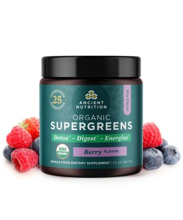 Ancient Nutrition SuperGreens Powder with Probiotics Organic Berry Flavor Greens Made from Real Fruits Vegetables and Herbs Digestive and Energy Support 12 Servings 3.2oz Berry 3.2 Ounce