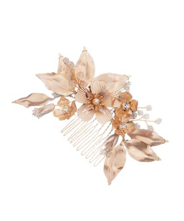 Ipetboom Golden Flower Hair Comb Bridal Hair Side Comb Womens Barrettes for Hair Pearl Bead Hair Pins Bridal Hair Clip Comb Wedding Hair Comb Crystal Accessories Bride European and American