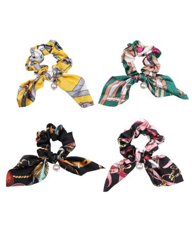 BJH 4 Pieces Hair Ties Vintage Floral Elastic Hair Bands for Women & Girls Ponytail Hair Band Rubber Bands 4 Colors