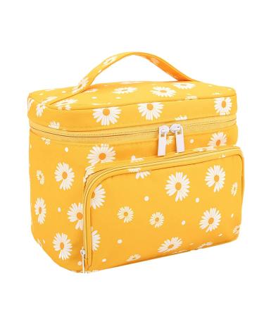 HOYOFO Makeup Bags for Women Large Cosmetic Bags with Brush Holders Travel Make up Bag, Orange Daisy