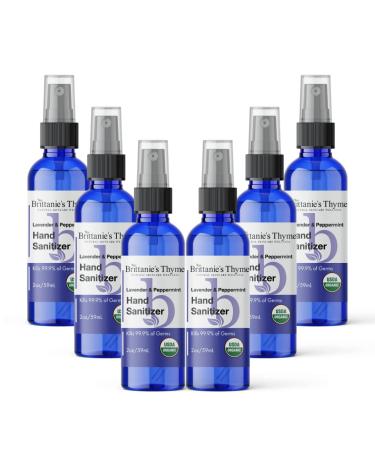 Brittanie's Thyme Certified Organic Travel Hand Sanitizer Spray 2 oz 6 Count | Vitamin E Aloe Moisturizing | Non Greasy & Replenishes Moisture & Nourishes Skin (Lavender)