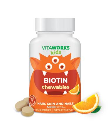 VitaWorks Kids Biotin 5000mcg Chewable Tablets - Tasty Natural Orange Flavor - Vegan GMO-Free Gluten Free Nut Free - Dietary Supplement - Hair Skin and Nails Vitamins for Children - 120 Chewables - Buy Online on GoSupps.com