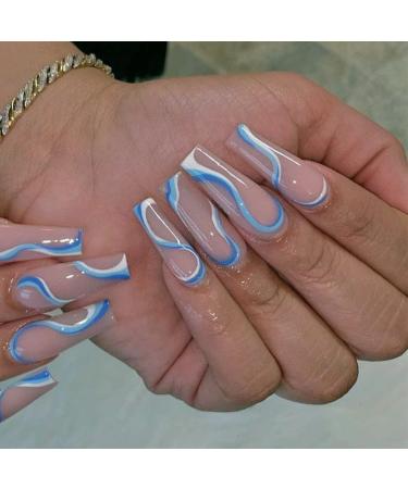 French fake nail long shiny coffin press on nails blue and white stream stream Stream Complete cover acrylic nails Art for women and girls 24PCs blue-swirl