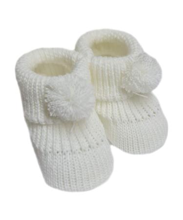 Nursery Time Royal Icon Newborn Baby Boys Girls Booties Knitted Pom Pom Booties Soft Baby Bootees NB-3 Months 116-377 3 Months White