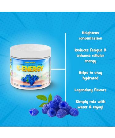 Yummy Sports K-Energy Drink Supplement Boost Energy Enhance Focus Physical Performance Powered by BHB MCT Caffeine Keto-Friendly Energy Drink - 30 Servings - 210g - Blue Raspberry - Buy Online on GoSupps.com