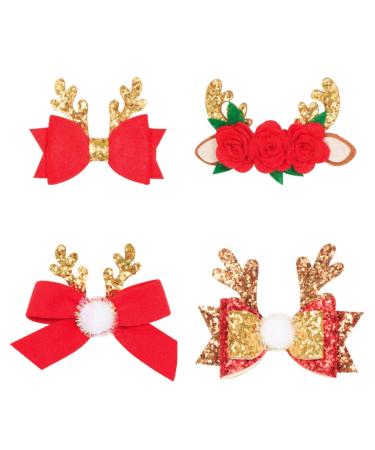 Anewish sweet 4 pieces Christmas hair clips for girl glitter antlers and bow knot decoration hair clips hair clips red hair jewelry set
