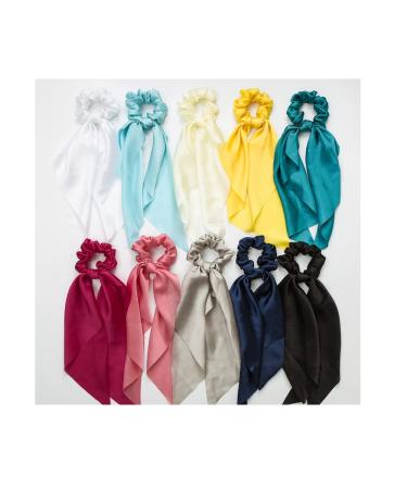 Silk Hair Scarf Scrunchies Satin Bow Scrunchie Hair Ribbon Scarf Ties Ponytail Holder Bunny Ear Bowknot Knotted Scrunchy with Long Tails (10pcs) Beautiful Silk Scarf Scrunchies