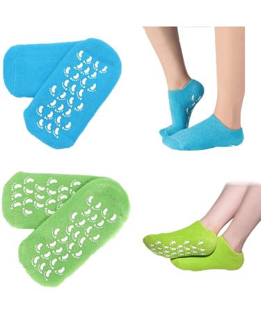 2 Pairs Moisturizing Socks, WalTok Gel Socks Soft Moisturizing Gel Socks, Gel Spa Socks for Repairing and Softening Dry Cracked Feet Skins, Gel Lining Infused with Essential Oils and Vitamins 2 Piece Set-Fruit Green+Light Blue
