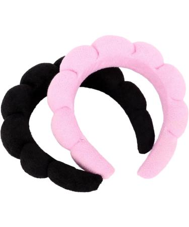 MapofBeauty 2 Pieces Spa Headband Women Fashion Puffy Head Wear Hair Accessory Sponge Soft Hairband (Black/Pink) - Buy Online on GoSupps.com