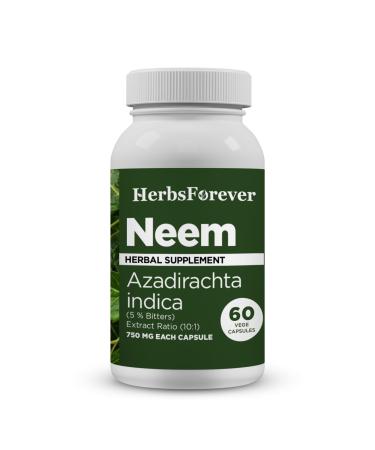 HerbsForever Neem(Azadirachta Indica)-Extra Strength(10:1)Extract Equiv.to 2450mg Leaves Powder Per Serving-Supports Immunity Clear Skin Face Complextion & Blood purify|5%Bitters|60Veg Capsule|750mg
