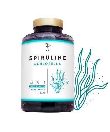 Chlorella Spirulina Tablets 1250mg Powerful Antioxidant Helps Immune System Reduces Fatigue.Provides Iron Eliminates Heavy Metals.180 Vegetable Capsules.1250mg.UK Vegan Certified.N2 Natural Nutrition
