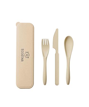 ECOSTAR Reusable Utensils set with Case Portable Wheat Straw Cutlery Set BPA-Free and Eco-friendly Knife Spoon Fork Travel Utensils for Office Dorm and On-the-go (Beige 1) Beige 1