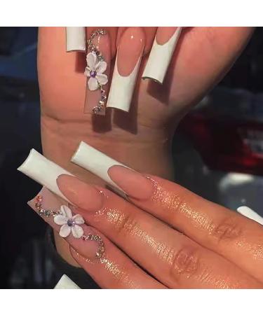 Brishow pink artificial nails long French nails to stick on press on nails with crystal flower ballerina acrylic false nails 24 pieces for women and girls flowered