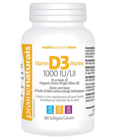 Prairie Naturals Vitamin D3 Cholecalciferol 1 000 IU in Organic Extra-Virgin Olive Oil Softgel - 180 Count 180 count (Pack of 1)