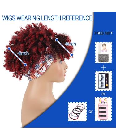 Short Curly Headband Wig for Black Women | Red Head Wrap Afro Kinky Curly Wig | Ombre Burgundy Synthetic Hair Wig with Scarf - Buy Online on GoSupps.com
