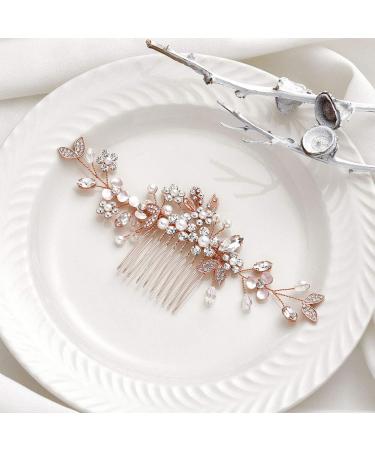 Ushiny Crystal Bridal Hair Comb - Rose Gold Headpiece & Pearl Leaf Clips for Wedding - Elegant Hair Accessories for Women & Girls - Buy Online on GoSupps.com