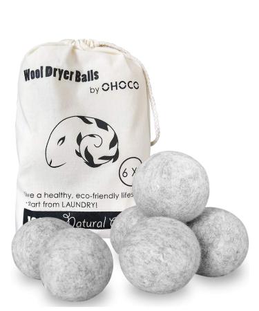OHOCO Wool Dryer Balls 6 Pack XL, Organic Natural Wool for Laundry, Fabric Softening - Anti Static, Baby Safe, No Lint, Odorless and Reusable Gray 6-pack Gray
